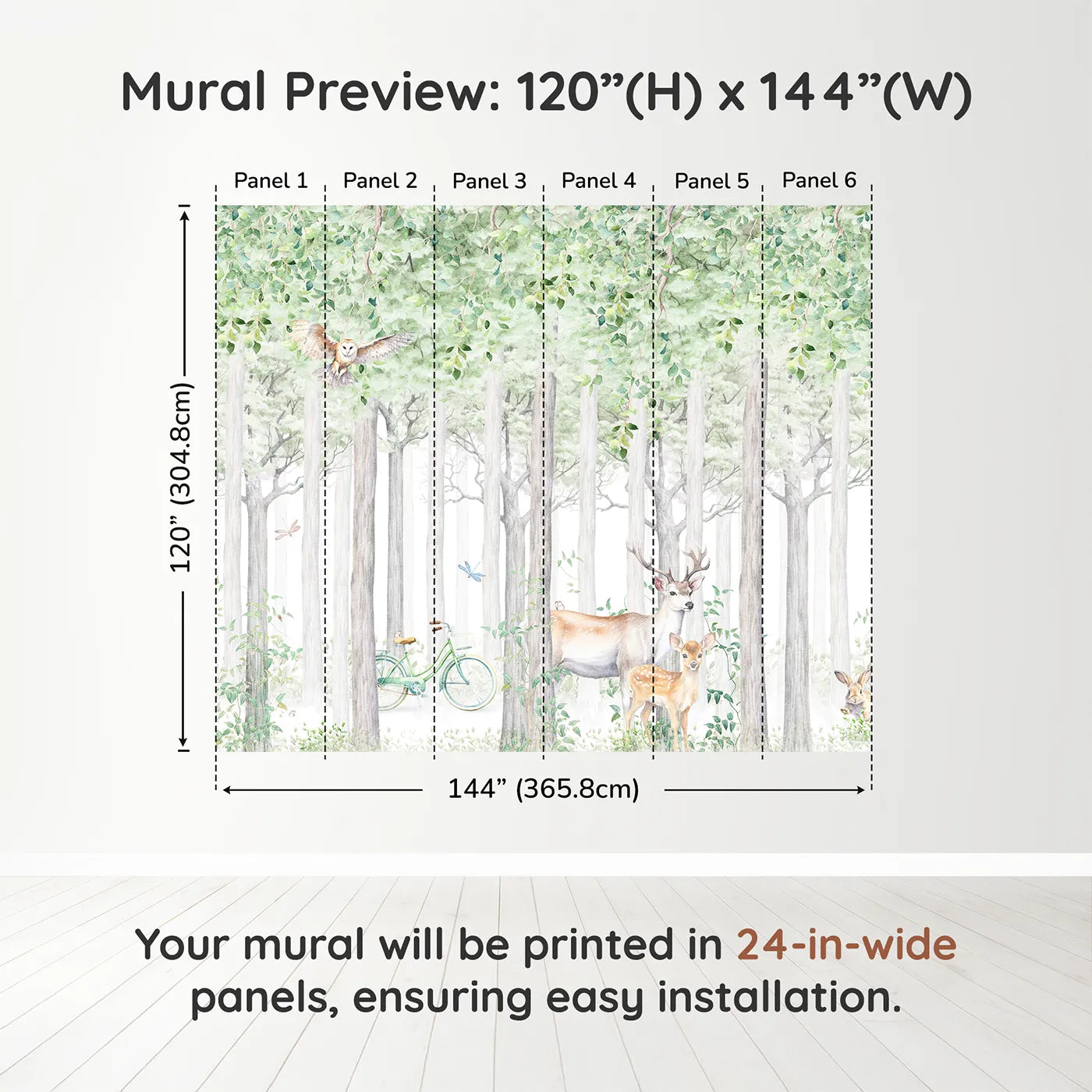Whimsy Tots Summer Woods Wall Muraldimension view (120" H x 144" W). Printed in six 24-inch-wide panels. Gender-Neutral