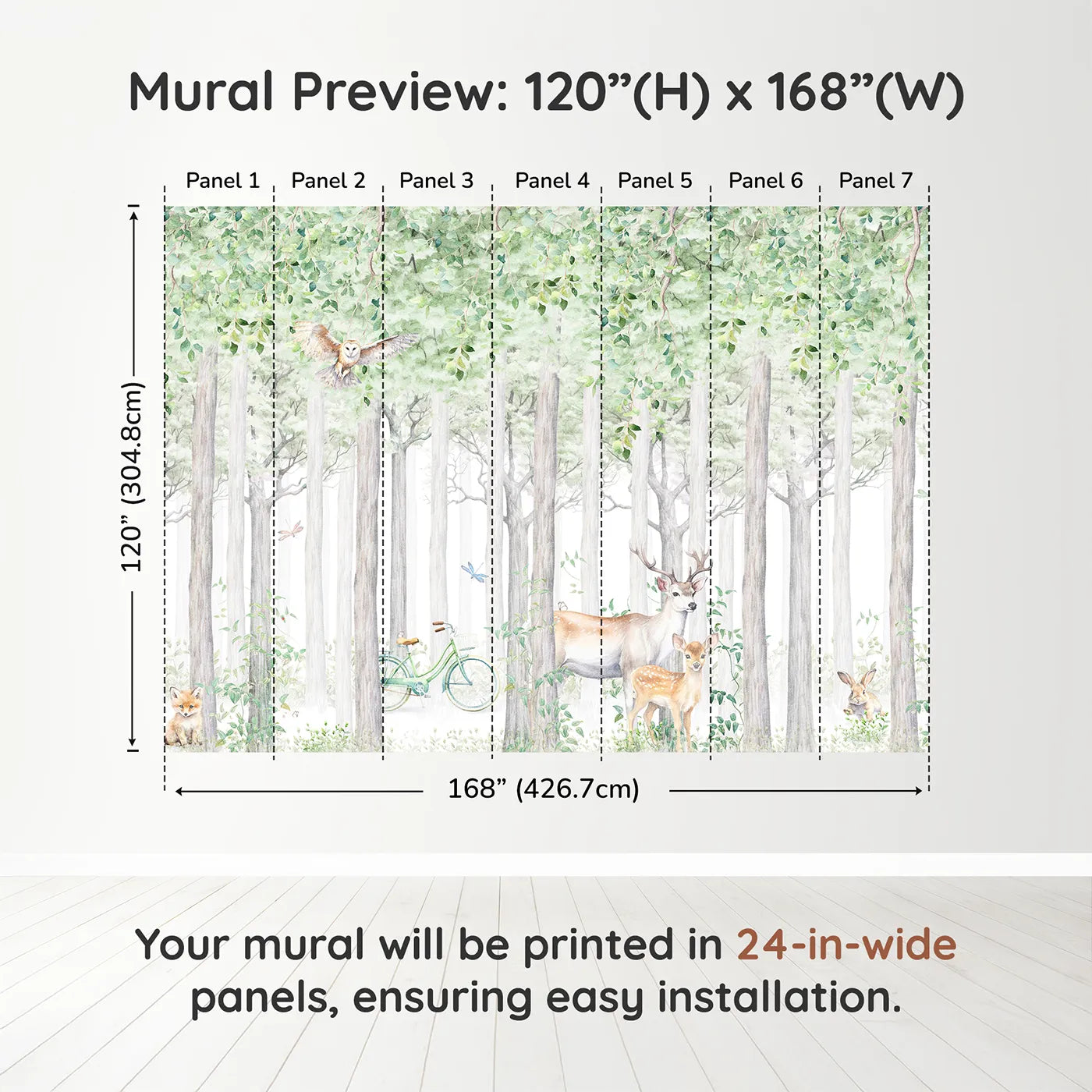 Whimsy Tots Summer Woods Wall Muraldimension view (120" H x 168" W). Printed in seven 24-inch-wide panels. Gender-Neutral