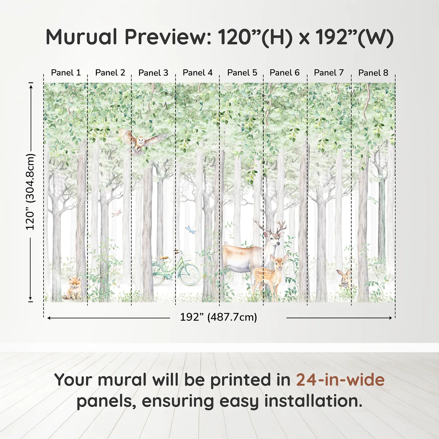 Whimsy Tots Summer Woods Wall Muraldimension view (120" H x 192" W). Printed in eight 24-inch-wide panels. Gender-Neutral