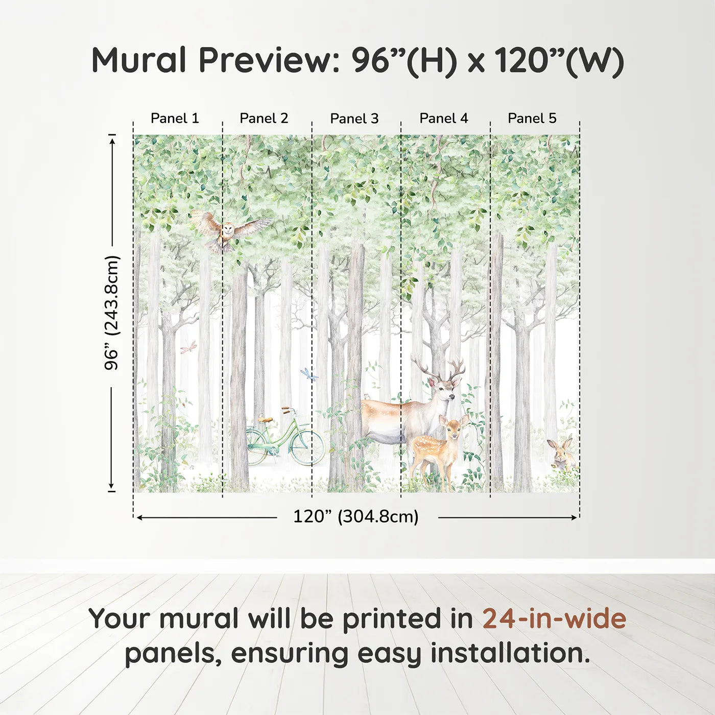 Whimsy Tots Summer Woods Wall Muraldimension view (96" H x 120" W). Printed in five 24-inch-wide panels. Gender-Neutral