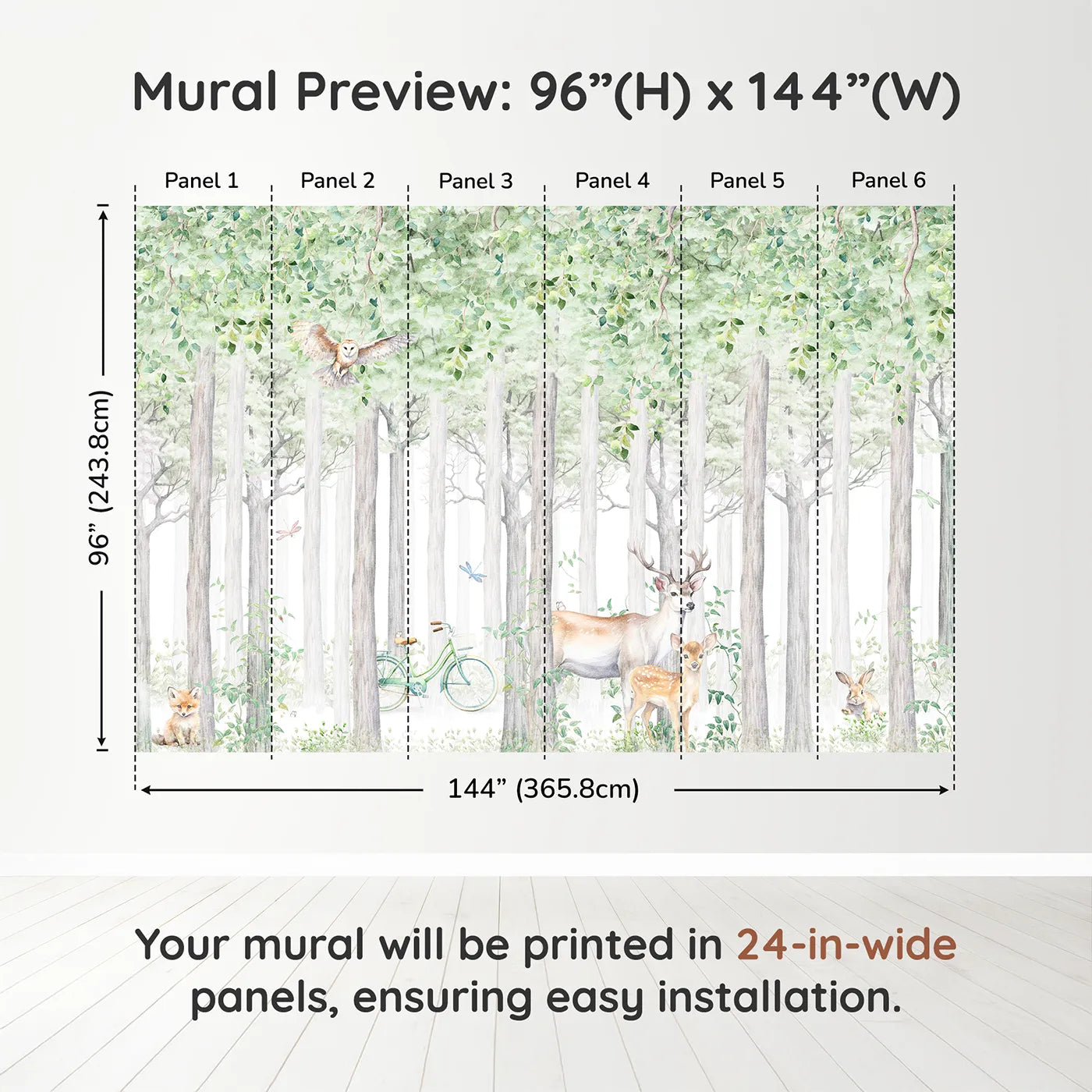 Whimsy Tots Summer Woods Wall Muraldimension view (96" H x 144" W). Printed in six 24-inch-wide panels. Gender-Neutral