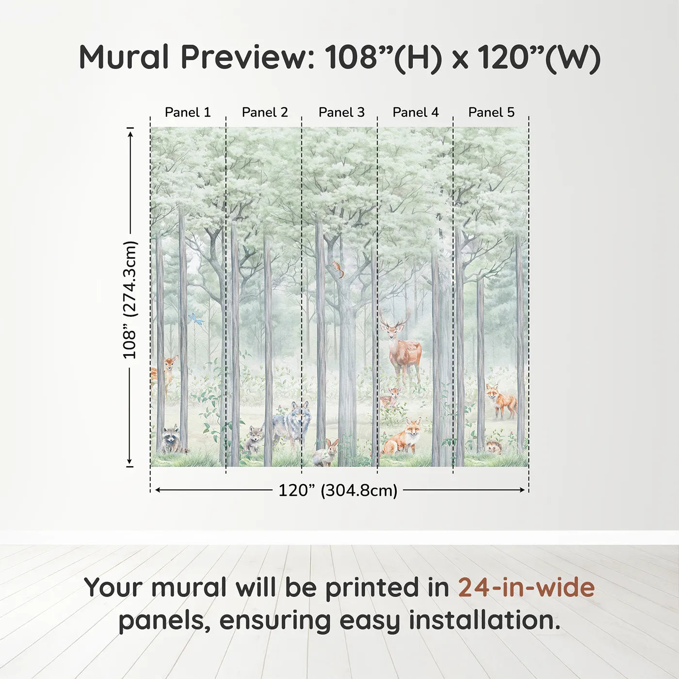 Whimsy Tots Misty Woodland Wall Muraldimension view (108" H x 120" W). Printed in five 24-inch-wide panels. Gender-Neutral