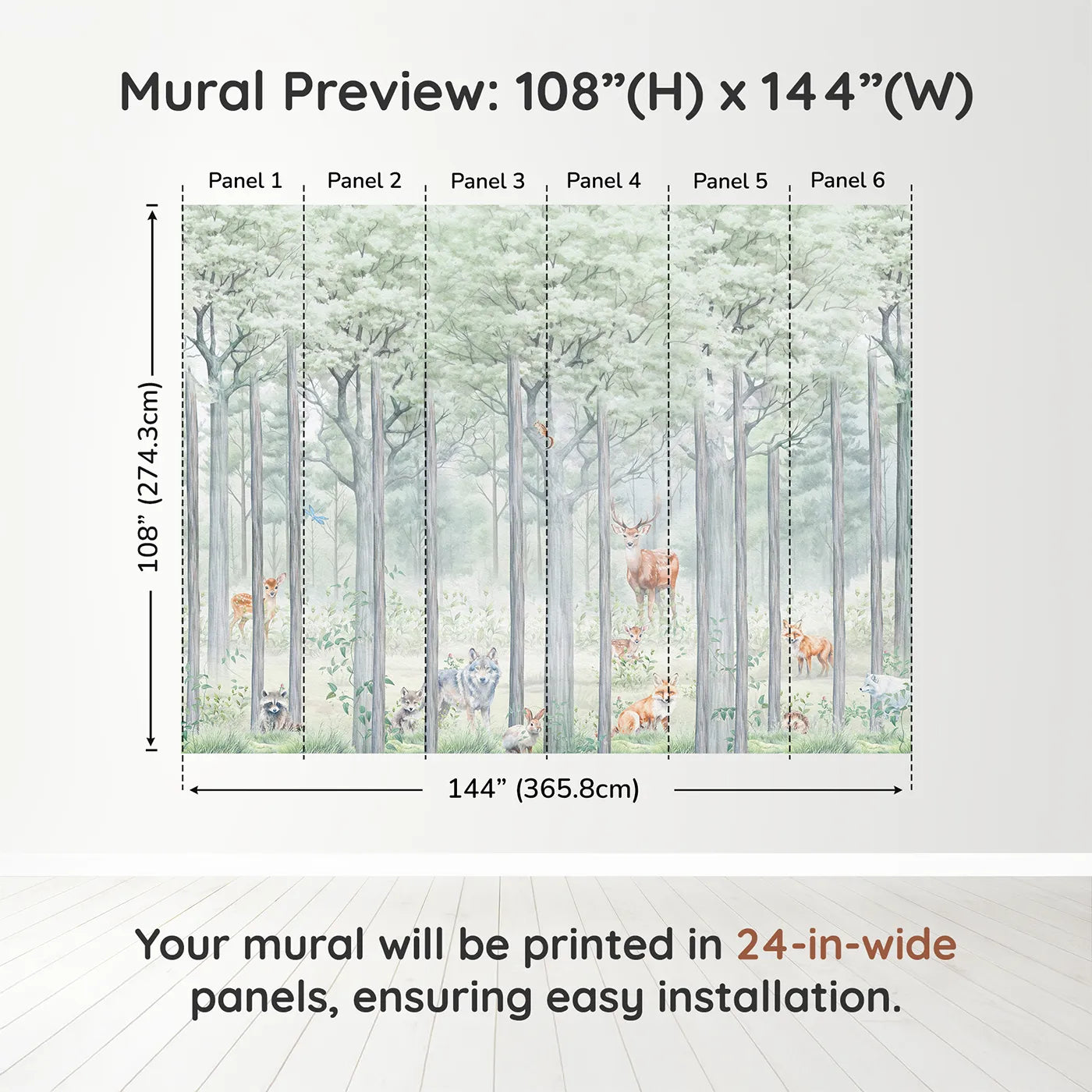 Whimsy Tots Misty Woodland Wall Muraldimension view (108" H x 144" W). Printed in six 24-inch-wide panels. Gender-Neutral
