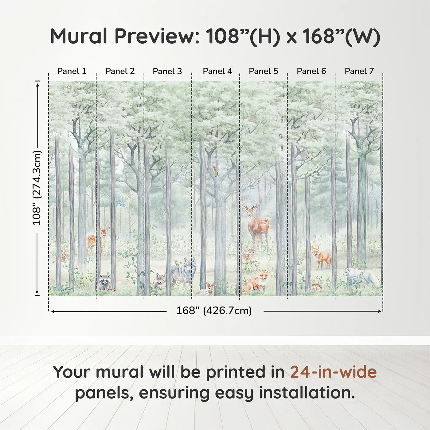Whimsy Tots Misty Woodland Wall Muraldimension view (108" H x 168" W). Printed in seven 24-inch-wide panels. Gender-Neutral