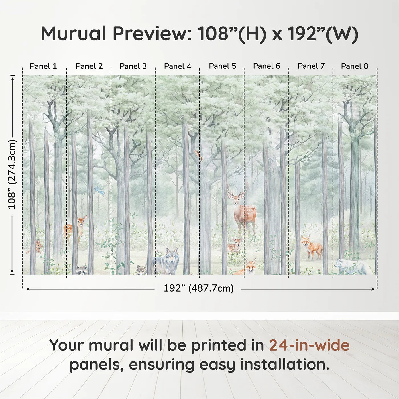 Whimsy Tots Misty Woodland Wall Muraldimension view (108" H x 192" W). Printed in eight 24-inch-wide panels. Gender-Neutral