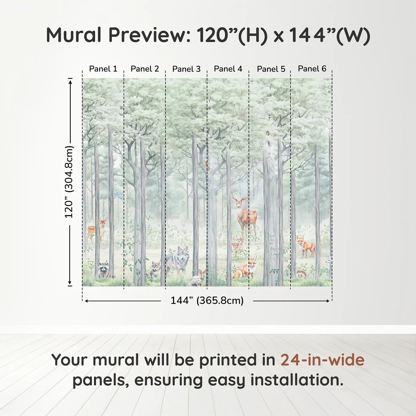 Whimsy Tots Misty Woodland Wall Muraldimension view (120" H x 144" W). Printed in six 24-inch-wide panels. Gender-Neutral