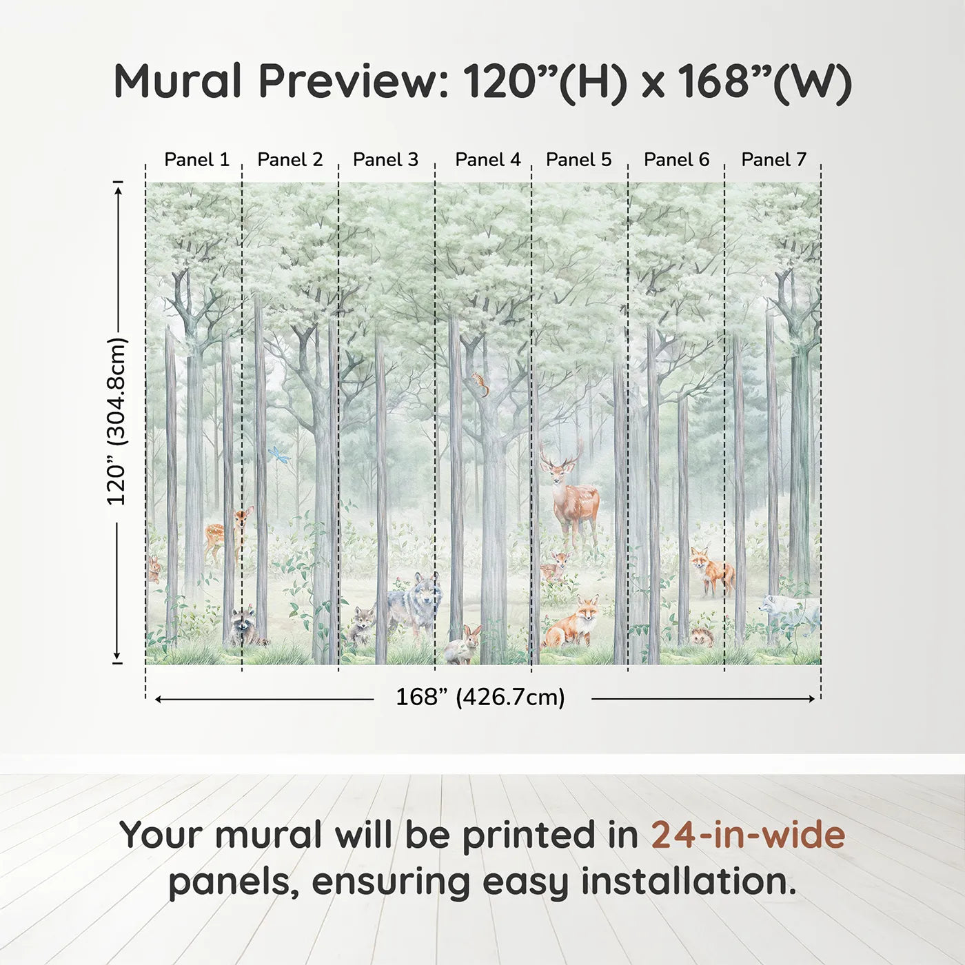 Whimsy Tots Misty Woodland Wall Muraldimension view (120" H x 168" W). Printed in seven 24-inch-wide panels. Gender-Neutral