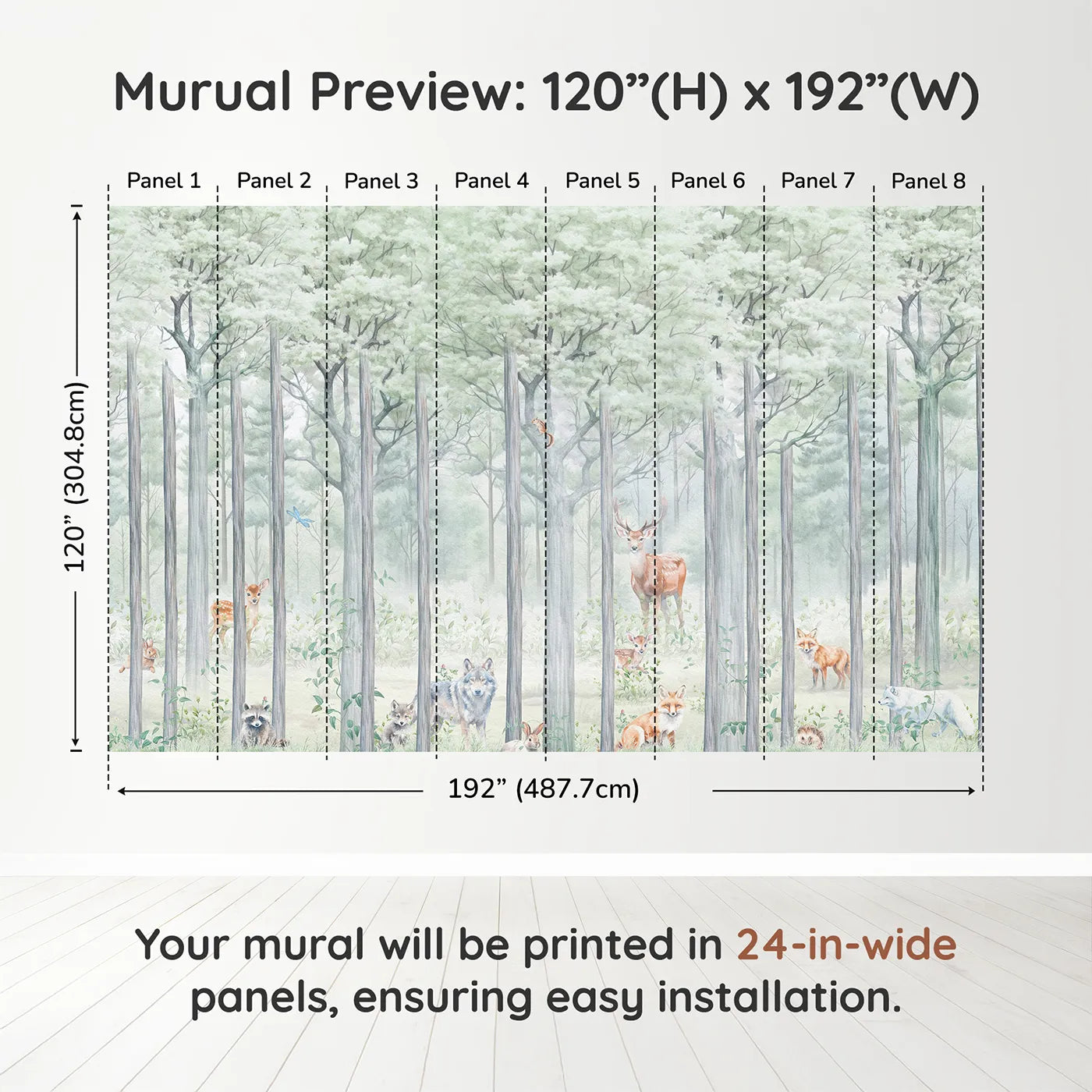 Whimsy Tots Misty Woodland Wall Muraldimension view (120" H x 192" W). Printed in eight 24-inch-wide panels. Gender-Neutral