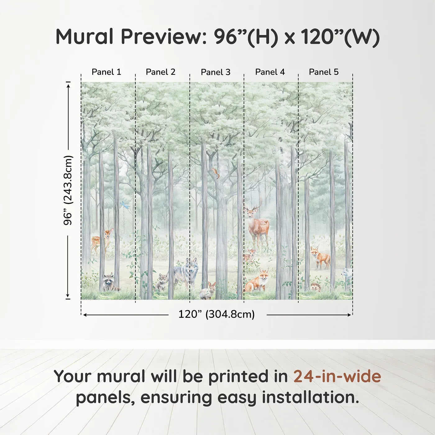 Whimsy Tots Misty Woodland Wall Muraldimension view (96" H x 120" W). Printed in five 24-inch-wide panels. Gender-Neutral
