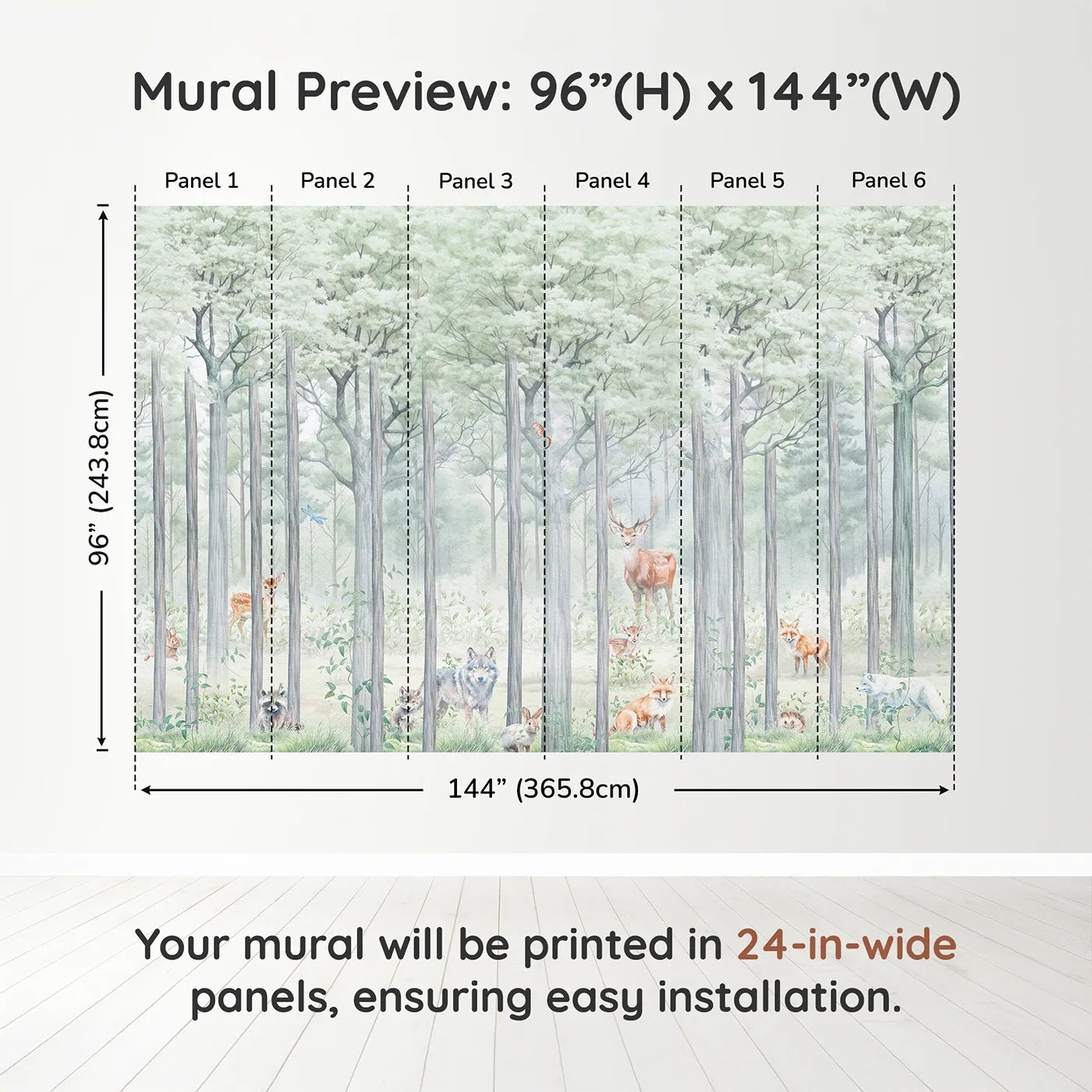 Whimsy Tots Misty Woodland Wall Muraldimension view (96" H x 144" W). Printed in six 24-inch-wide panels. Gender-Neutral