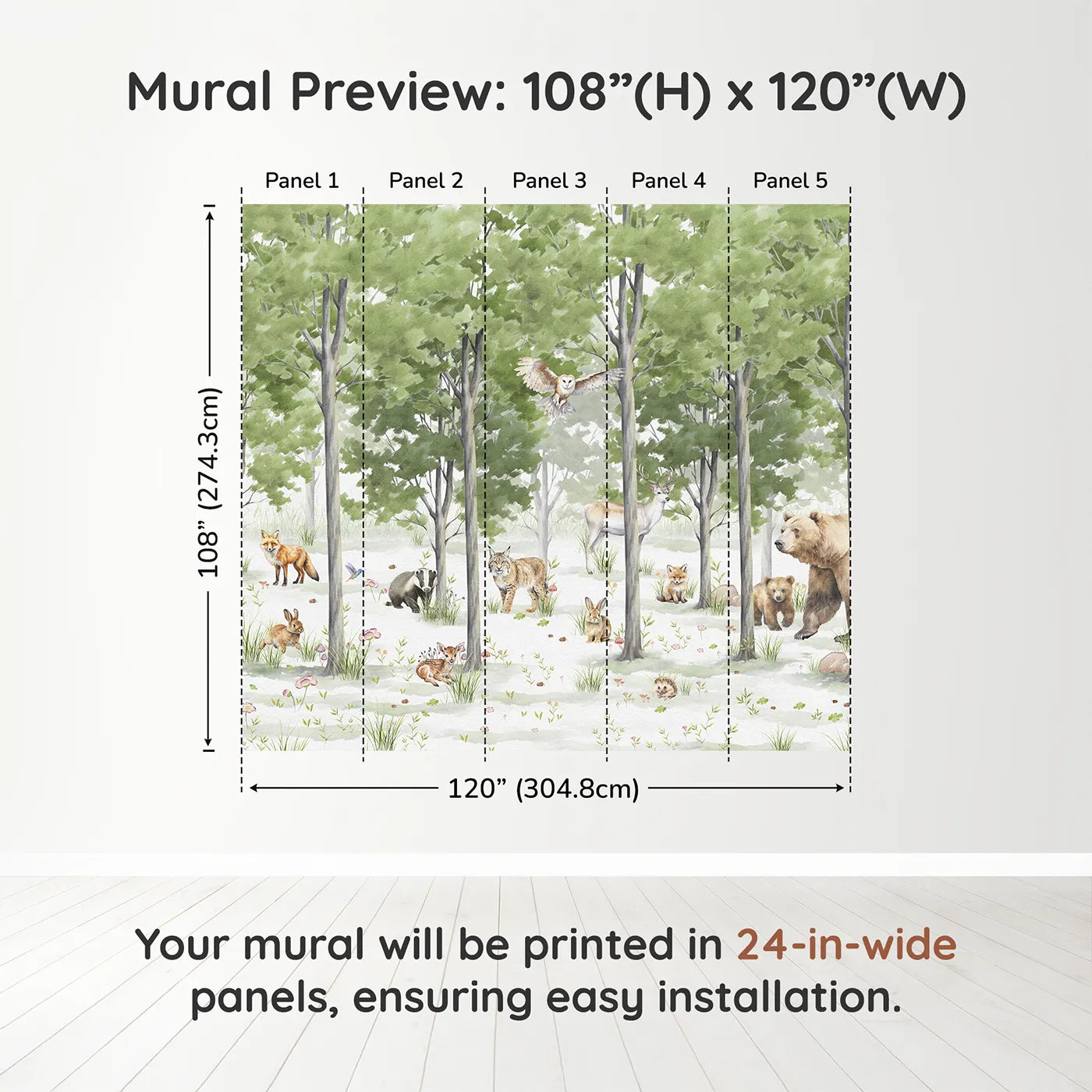 Whimsy Tots Woodland Gathering Wall Muraldimension view (108" H x 120" W). Printed in five 24-inch-wide panels. Gender-Neutral