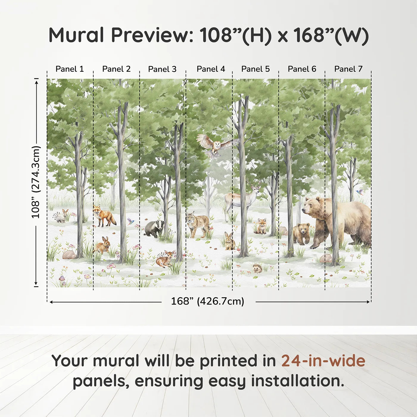 Whimsy Tots Woodland Gathering Wall Muraldimension view (108" H x 168" W). Printed in seven 24-inch-wide panels. Gender-Neutral