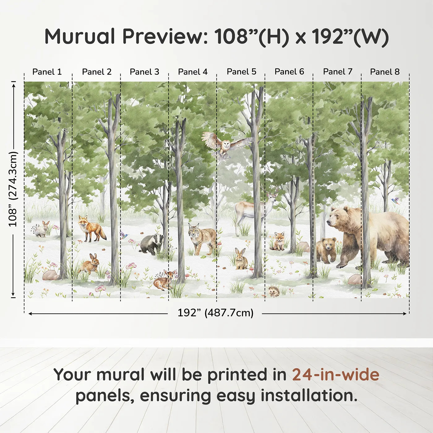 Whimsy Tots Woodland Gathering Wall Muraldimension view (108" H x 192" W). Printed in eight 24-inch-wide panels. Gender-Neutral