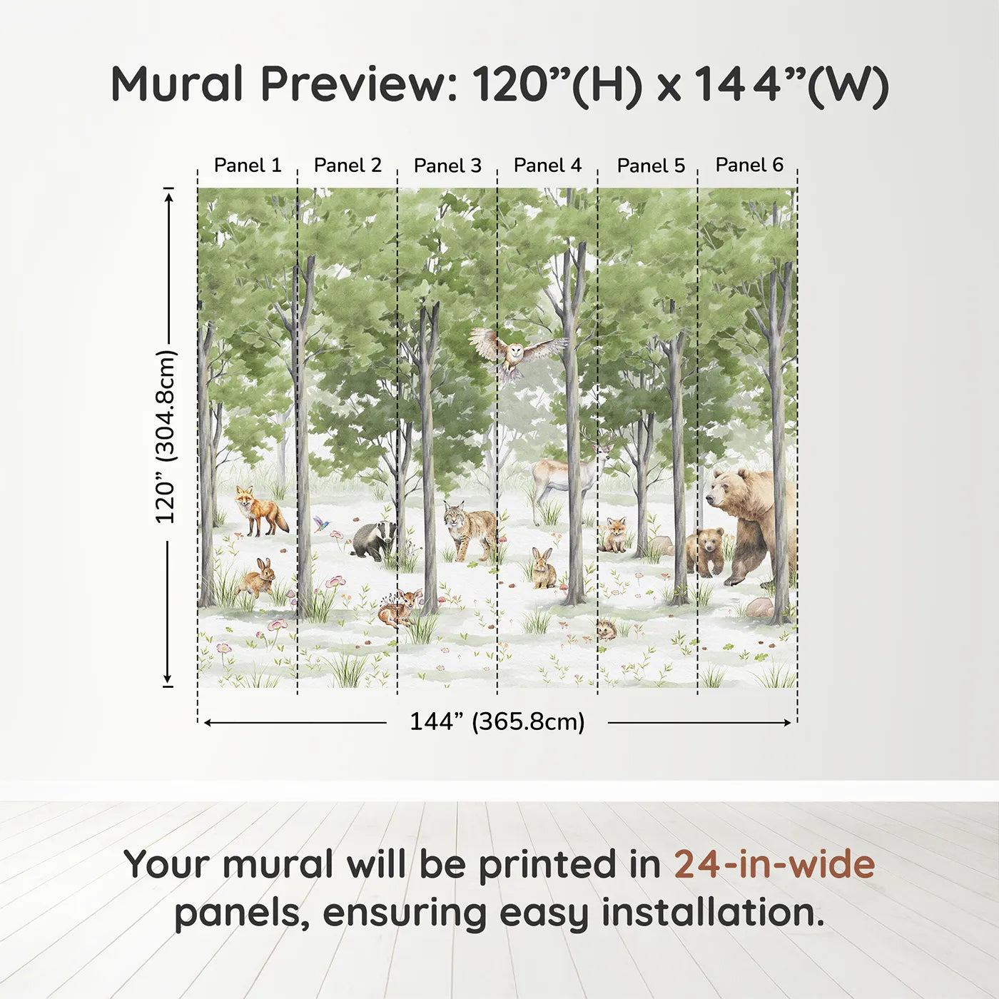 Whimsy Tots Woodland Gathering Wall Muraldimension view (120" H x 144" W). Printed in six 24-inch-wide panels. Gender-Neutral