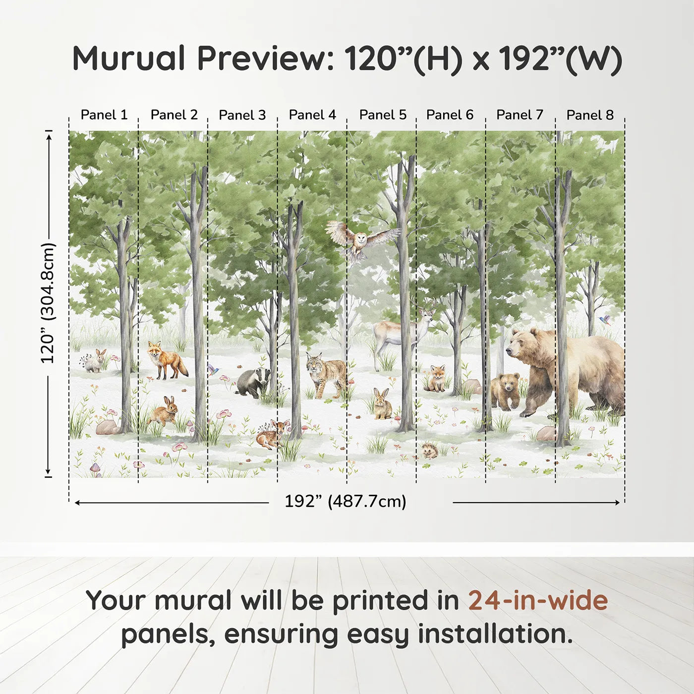 Whimsy Tots Woodland Gathering Wall Muraldimension view (120" H x 192" W). Printed in eight 24-inch-wide panels. Gender-Neutral