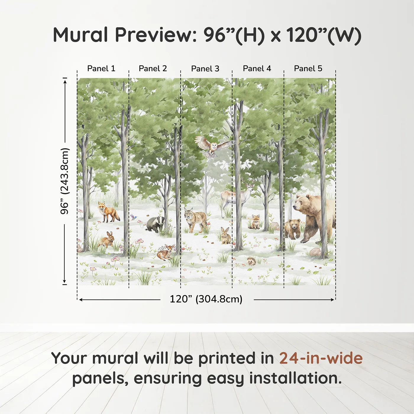 Whimsy Tots Woodland Gathering Wall Muraldimension view (96" H x 120" W). Printed in five 24-inch-wide panels. Gender-Neutral