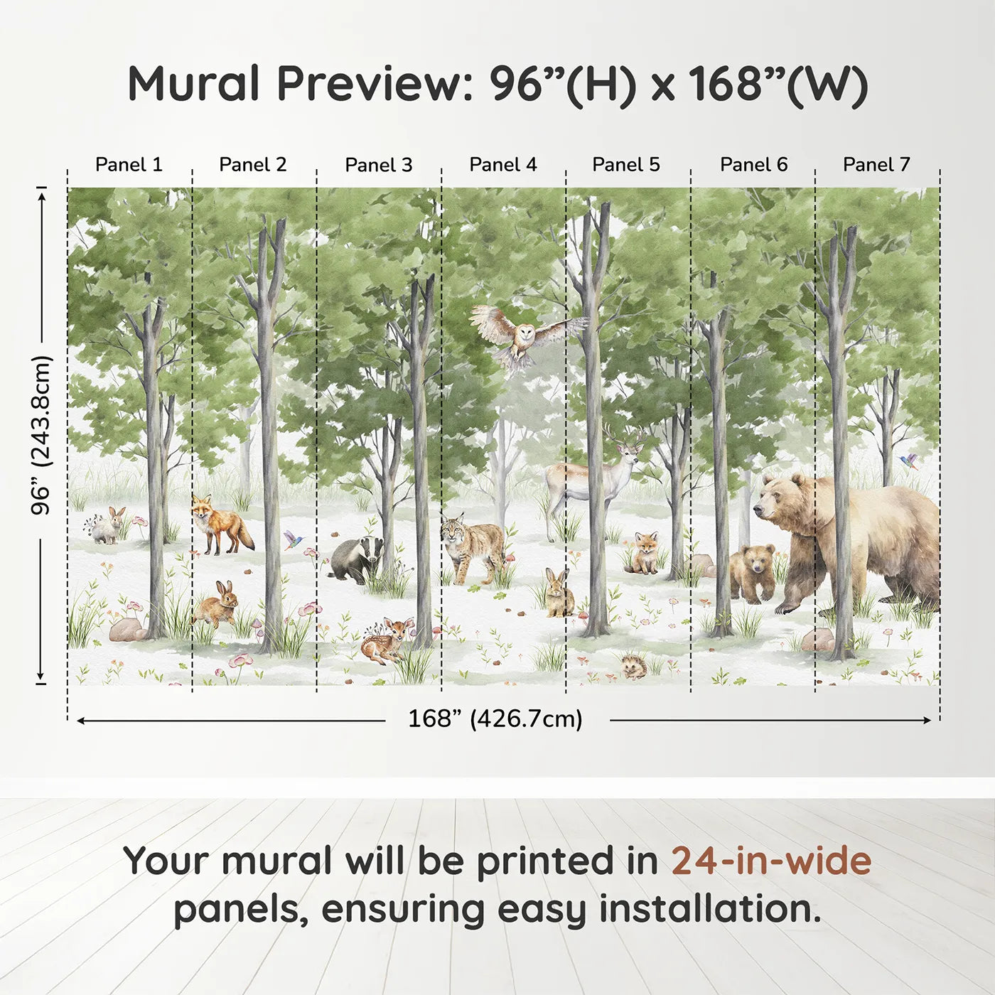 Whimsy Tots Woodland Gathering Wall Muraldimension view (96" H x 168" W). Printed in seven 24-inch-wide panels. Gender-Neutral
