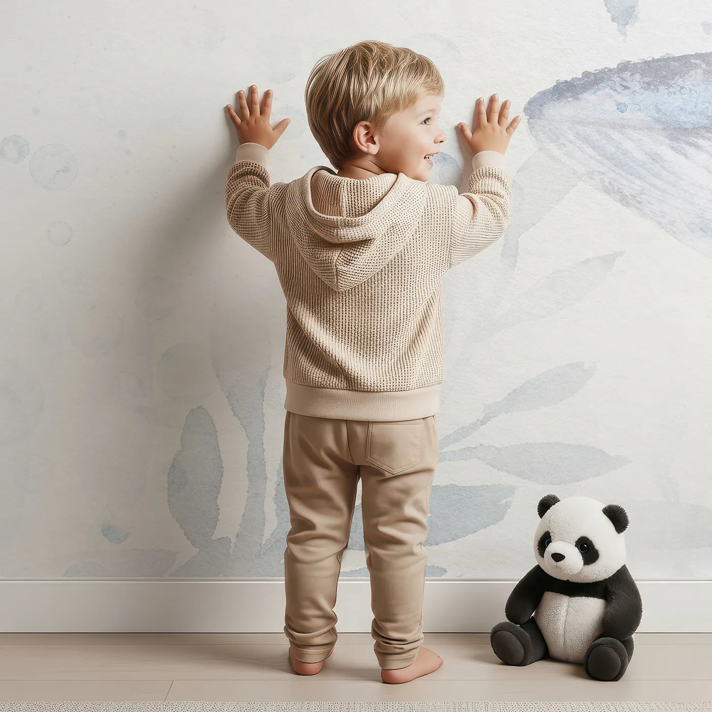 Child in front of Whimsy Tots Misty Whale Song Wall Mural with whale, sea, ocean, abstract, watercolor, gray, mist, ethereal in design.