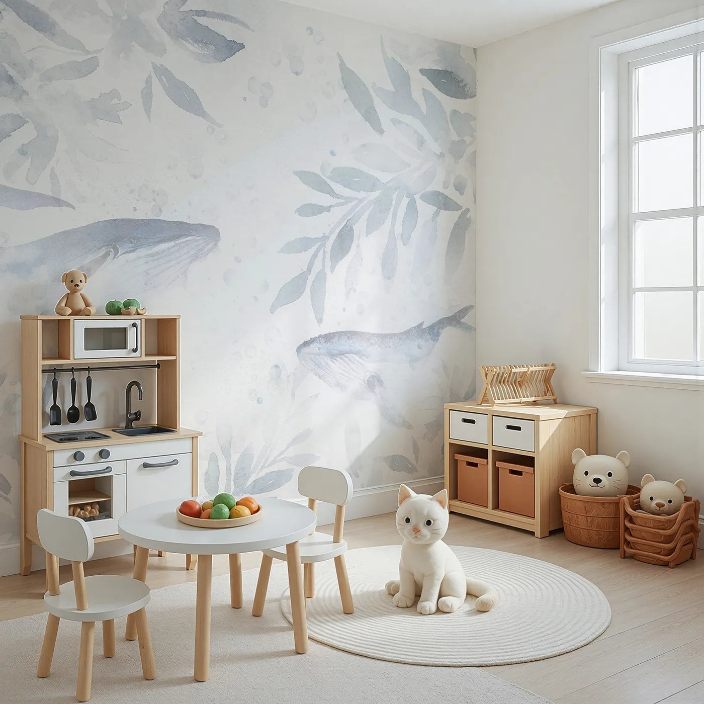 Angled view of Whimsy Tots' Misty Whale Song Wall Mural (Turn Their Room into a Dreamy, Ethereal Ocean).Gender-Neutral