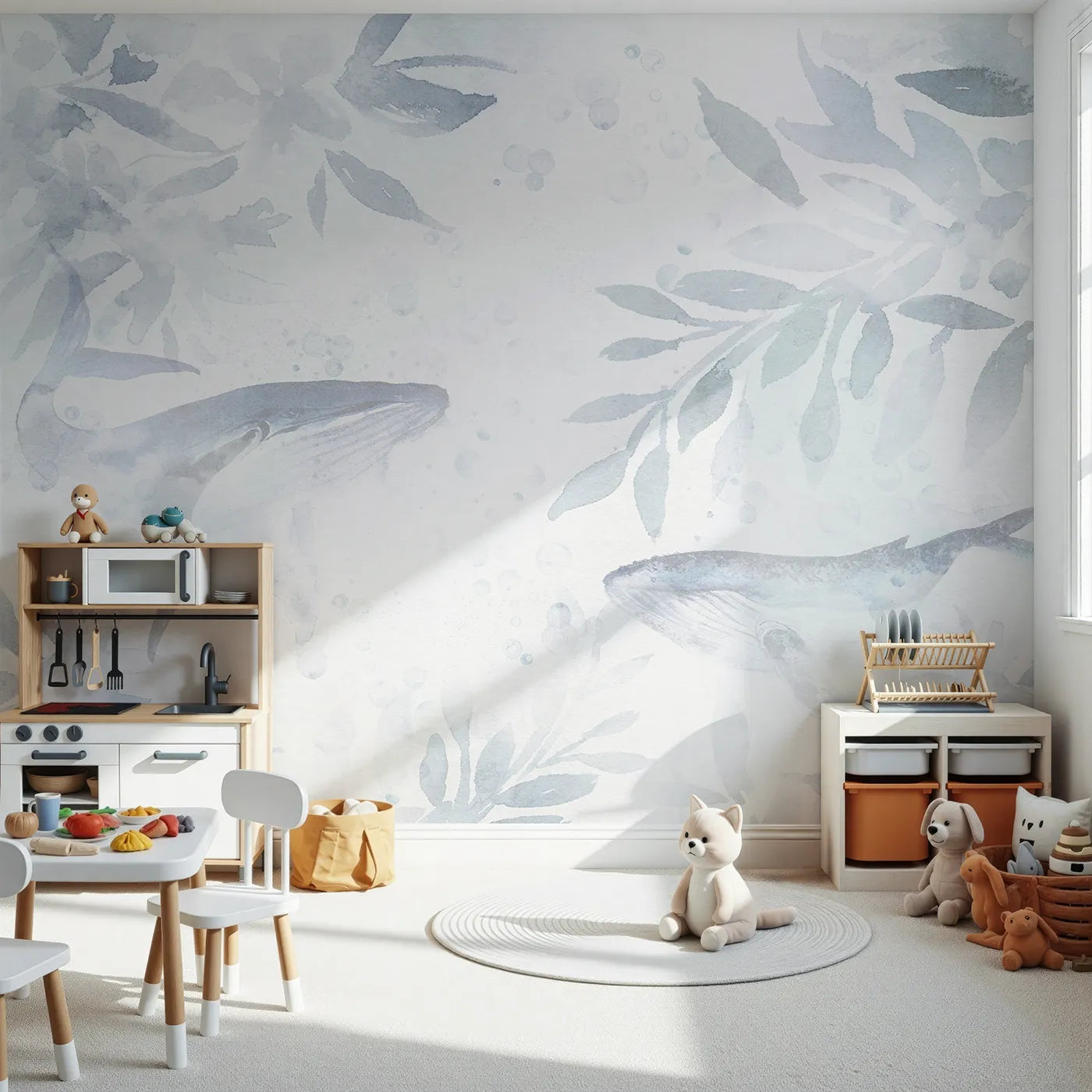 Front view of Whimsy Tots' Misty Whale Song Wall Mural