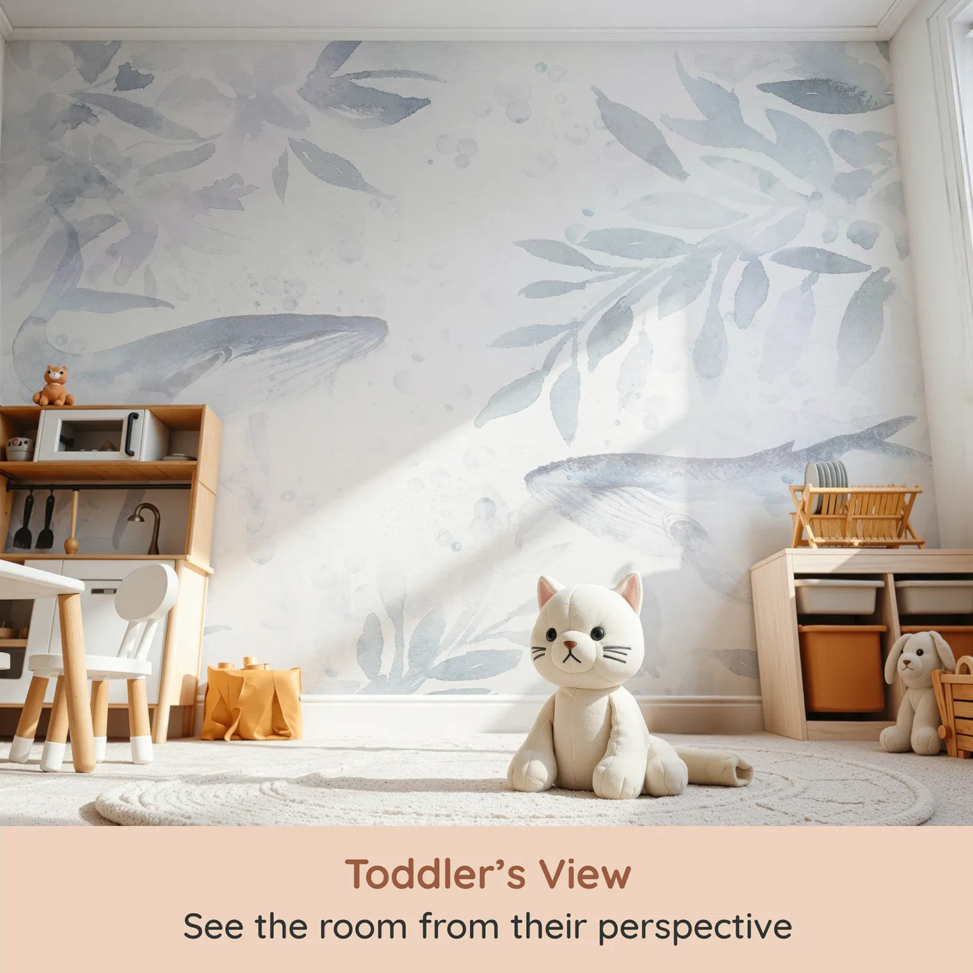 Whimsy Tots Misty Whale Song Wall Mural (Turn Their Room into a Dreamy, Ethereal Ocean) from your child's view.Gender-Neutral