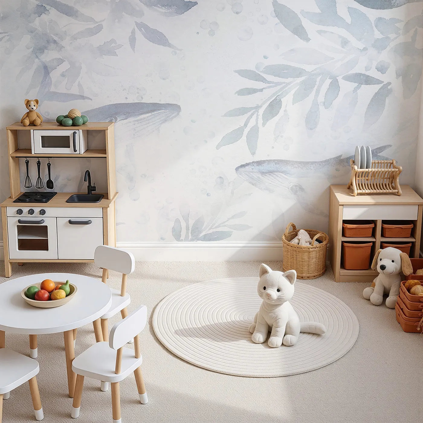 Top-down view of Whimsy Tots' Misty Whale Song Wall Mural (Turn Their Room into a Dreamy, Ethereal Ocean).Gender-Neutral