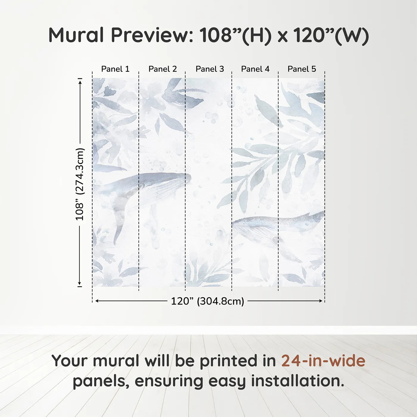 Whimsy Tots Misty Whale Song Wall Muraldimension view (108" H x 120" W). Printed in five 24-inch-wide panels. Gender-Neutral