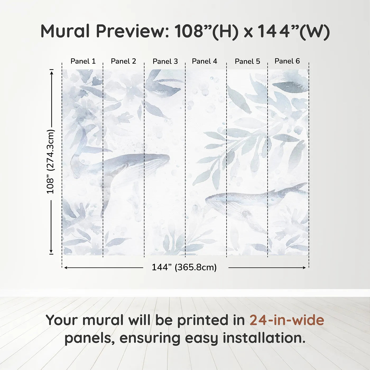 Whimsy Tots Misty Whale Song Wall Muraldimension view (108" H x 144" W). Printed in six 24-inch-wide panels. Gender-Neutral