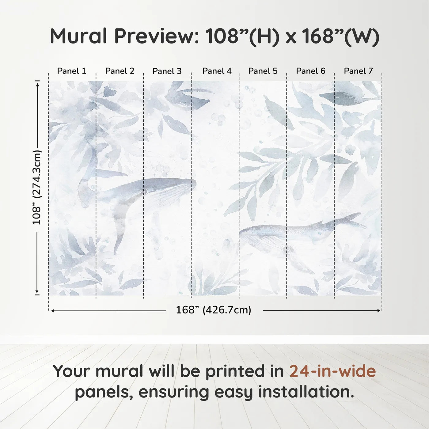 Whimsy Tots Misty Whale Song Wall Muraldimension view (108" H x 168" W). Printed in seven 24-inch-wide panels. Gender-Neutral