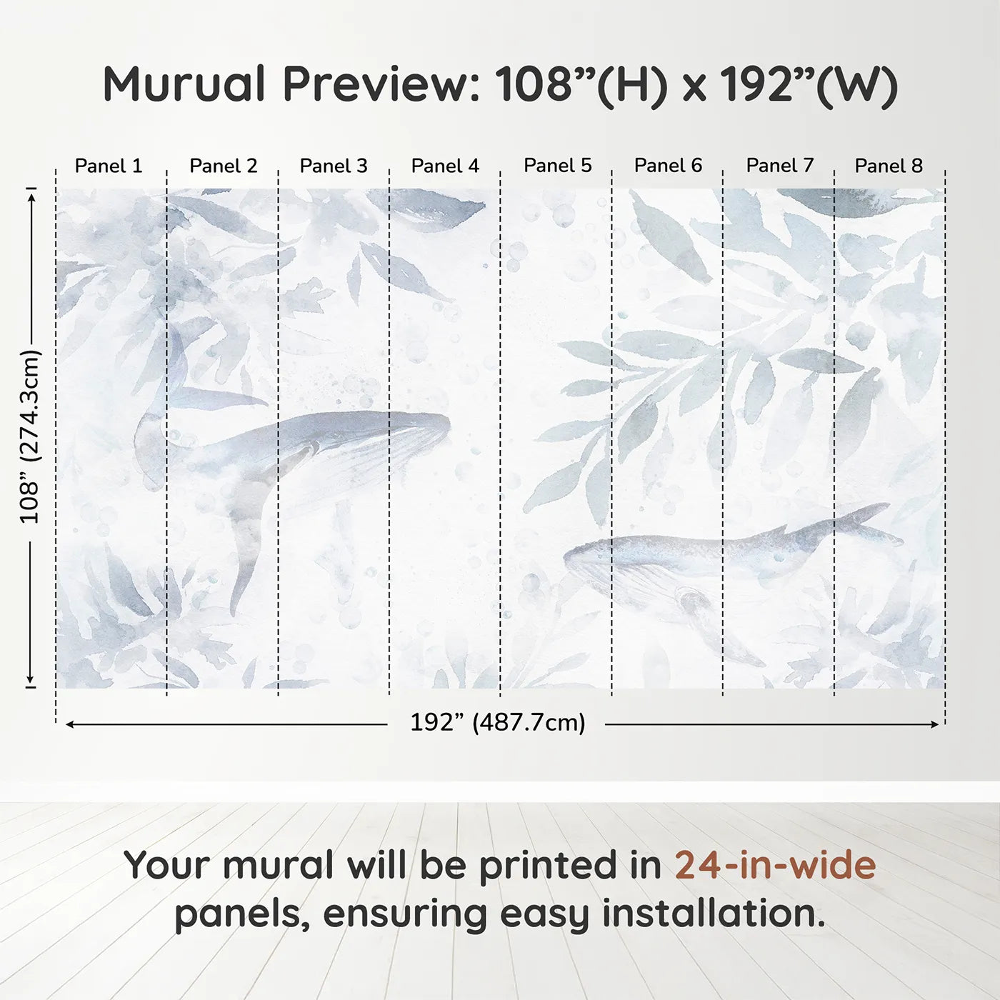 Whimsy Tots Misty Whale Song Wall Muraldimension view (108" H x 192" W). Printed in eight 24-inch-wide panels. Gender-Neutral