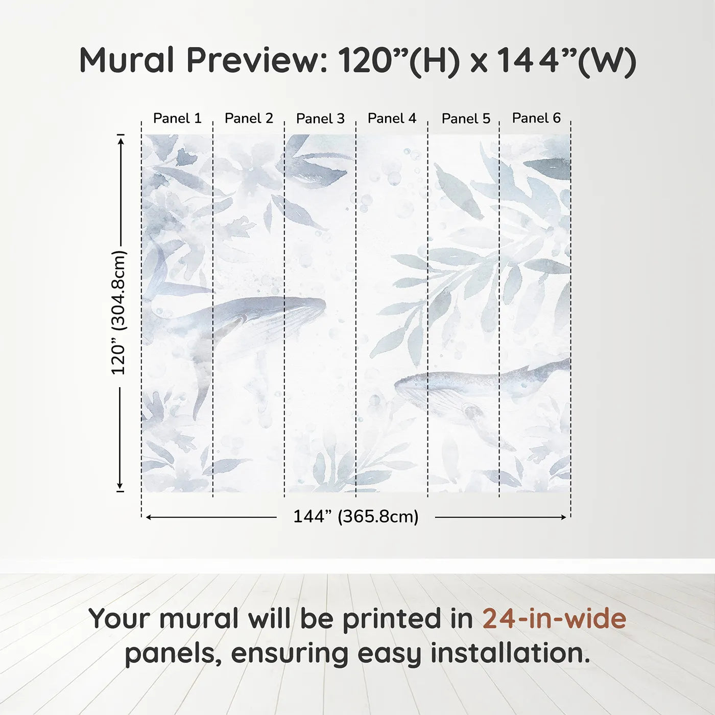 Whimsy Tots Misty Whale Song Wall Muraldimension view (120" H x 144" W). Printed in six 24-inch-wide panels. Gender-Neutral