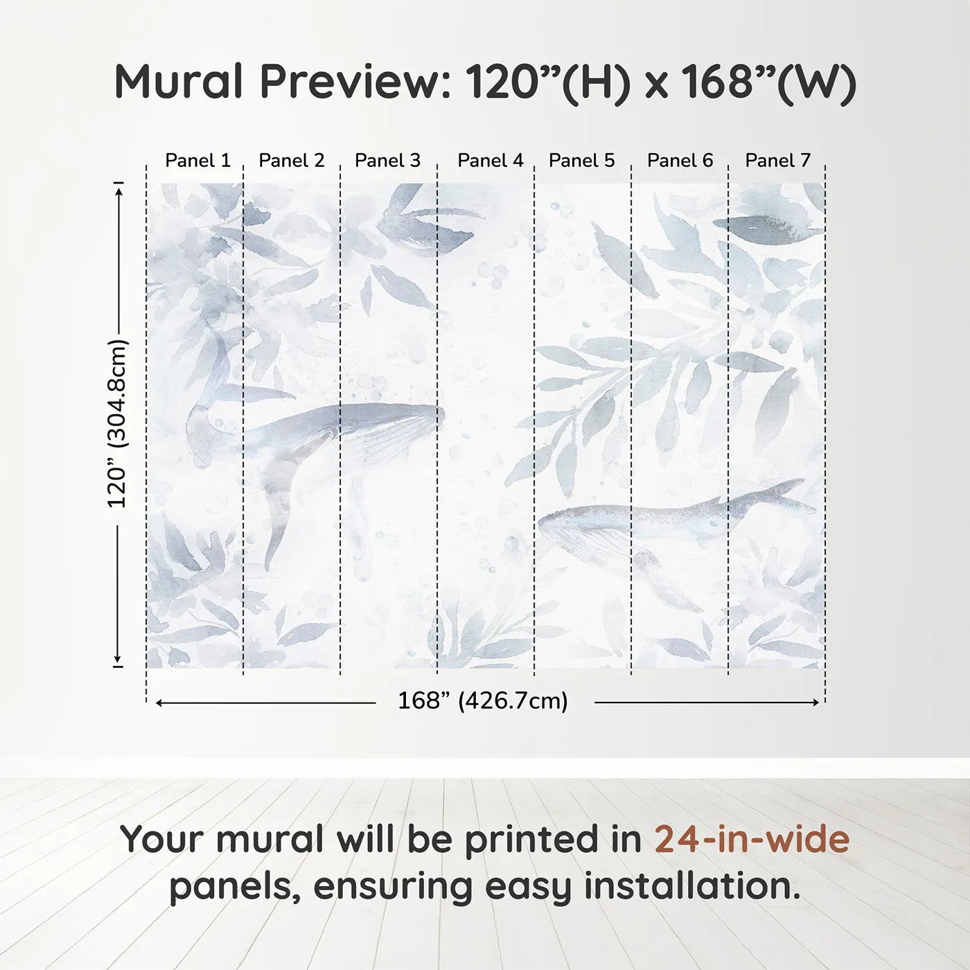 Whimsy Tots Misty Whale Song Wall Muraldimension view (120" H x 168" W). Printed in seven 24-inch-wide panels. Gender-Neutral