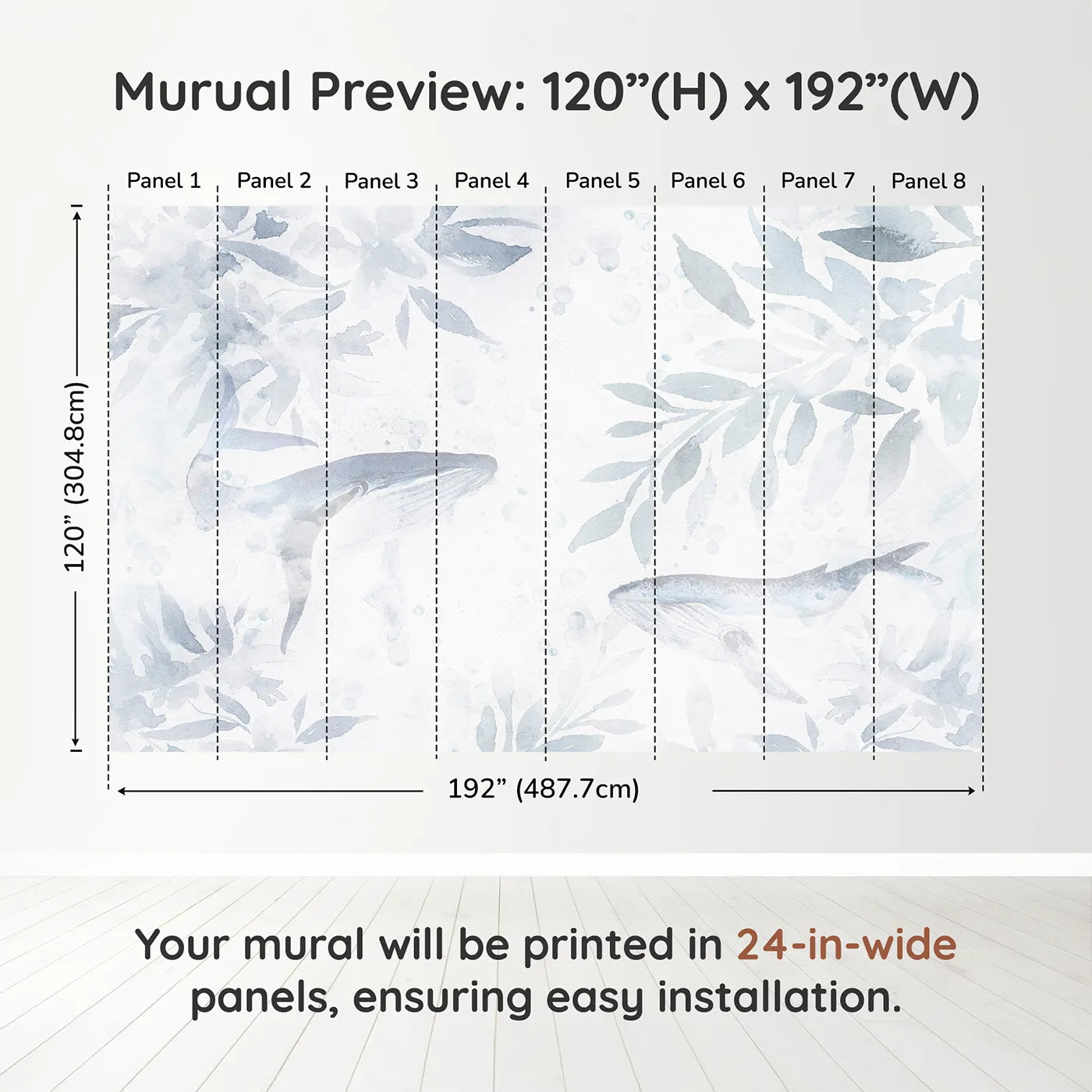 Whimsy Tots Misty Whale Song Wall Muraldimension view (120" H x 192" W). Printed in eight 24-inch-wide panels. Gender-Neutral