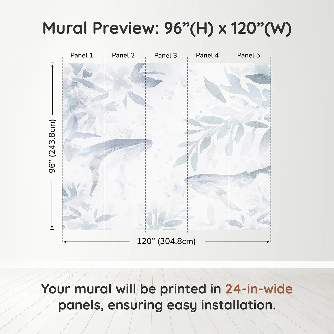 Whimsy Tots Misty Whale Song Wall Muraldimension view (96" H x 120" W). Printed in five 24-inch-wide panels. Gender-Neutral