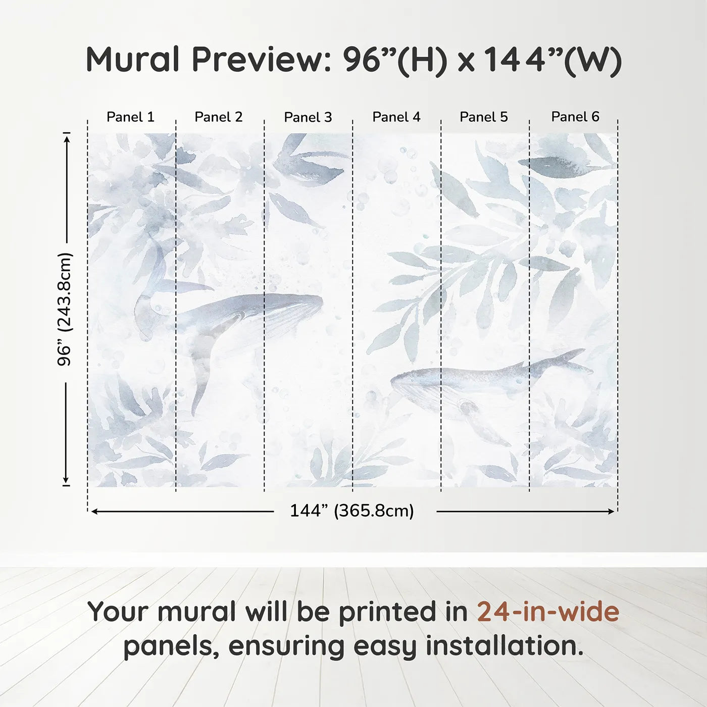 Whimsy Tots Misty Whale Song Wall Muraldimension view (96" H x 144" W). Printed in six 24-inch-wide panels. Gender-Neutral