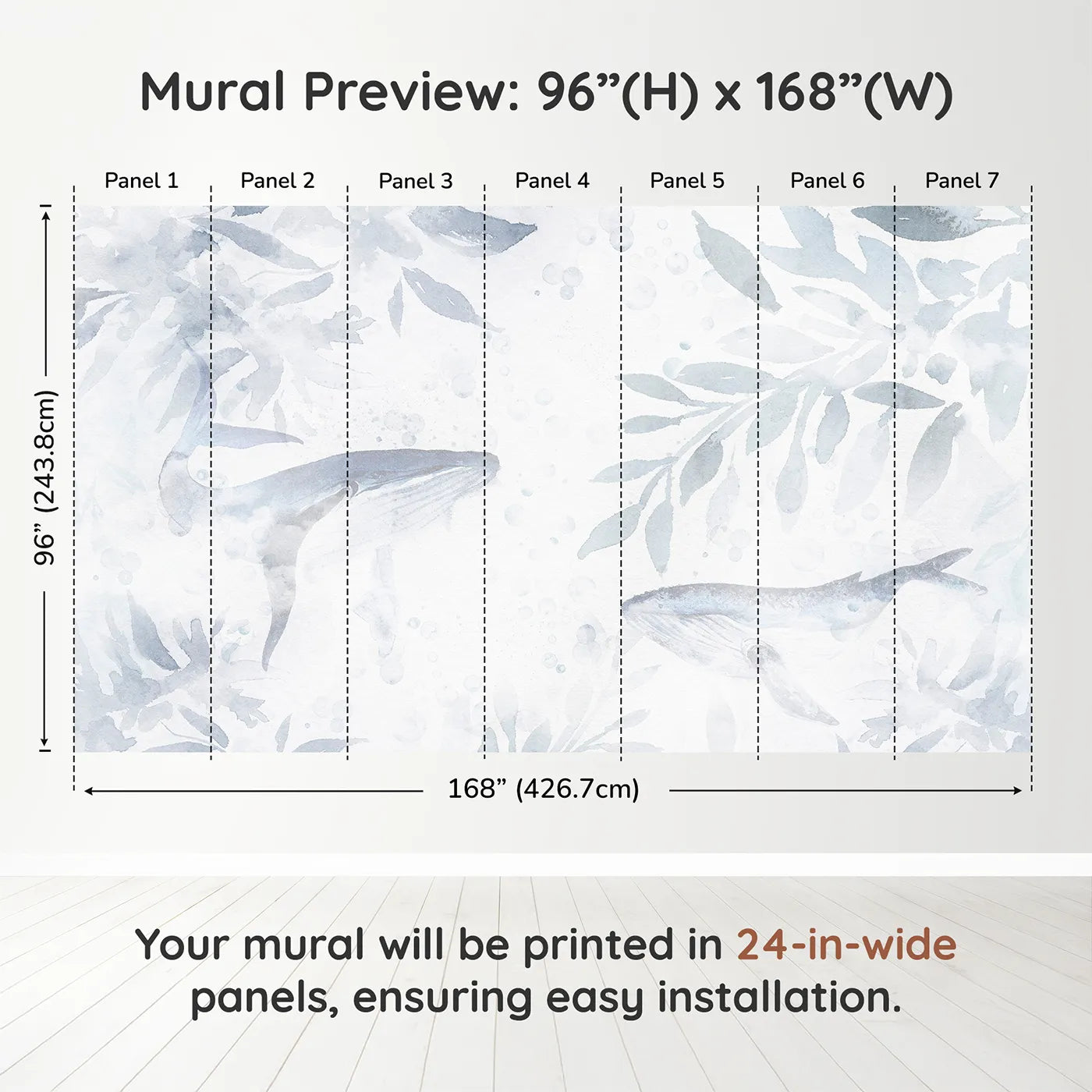 Whimsy Tots Misty Whale Song Wall Muraldimension view (96" H x 168" W). Printed in seven 24-inch-wide panels. Gender-Neutral