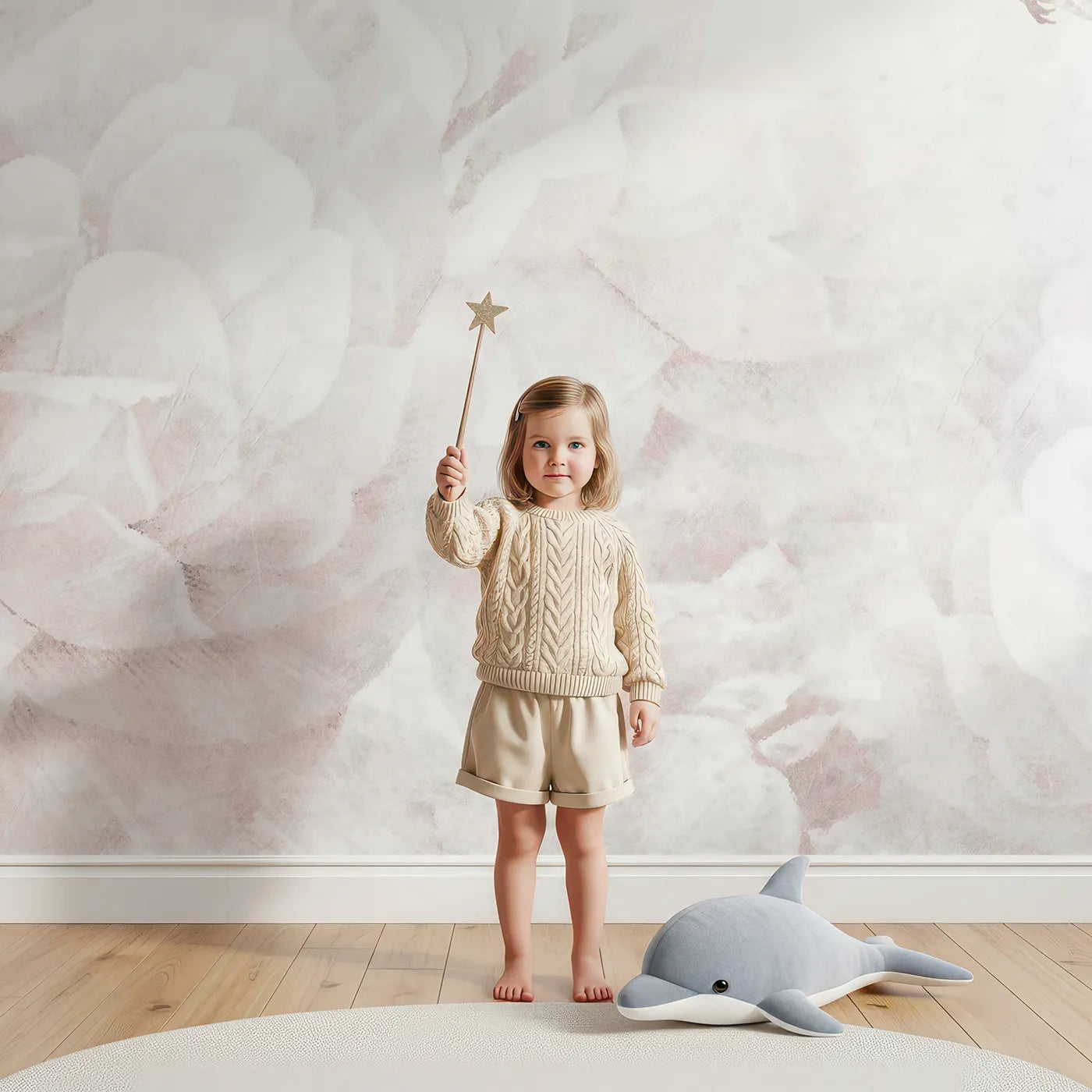 Child in front of Whimsy Tots Hummingbird Peony Dream Wall Mural with hummingbird, flower, peony, pink, soft, romantic, vintage, bird in design.