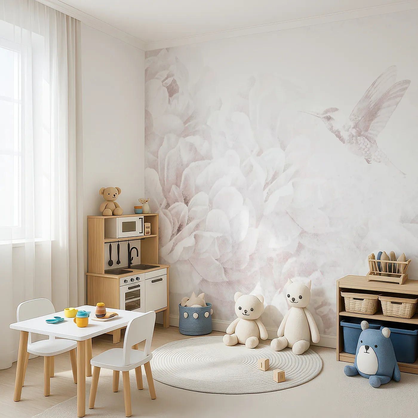 Angled view of Whimsy Tots' Hummingbird Peony Dream Wall Mural (Turn Their Room into a Soft and Gentle Flower Garden).Best for Girls