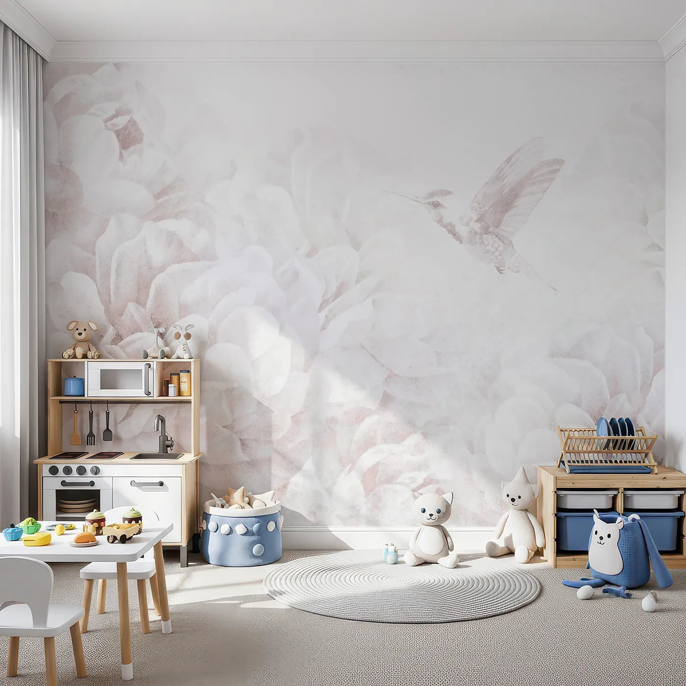 Front view of Whimsy Tots' Hummingbird Peony Dream Wall Mural