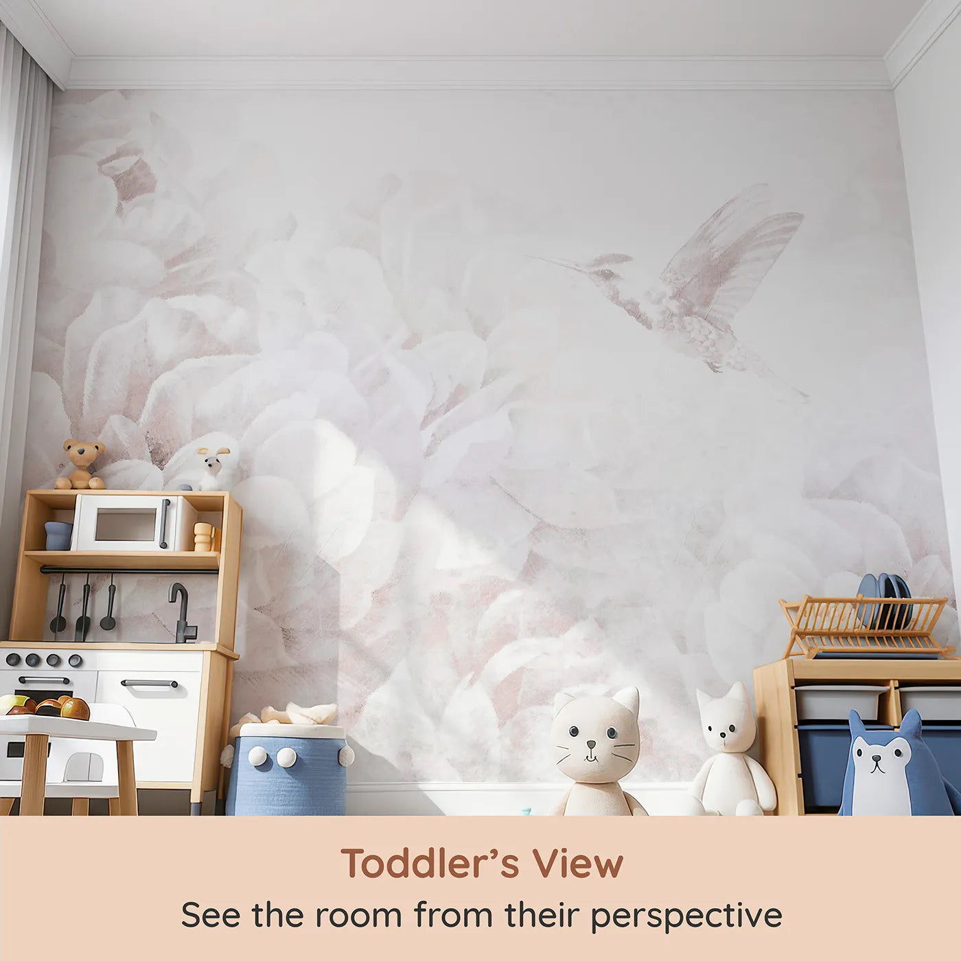 Whimsy Tots Hummingbird Peony Dream Wall Mural (Turn Their Room into a Soft and Gentle Flower Garden) from your child's view.Best for Girls