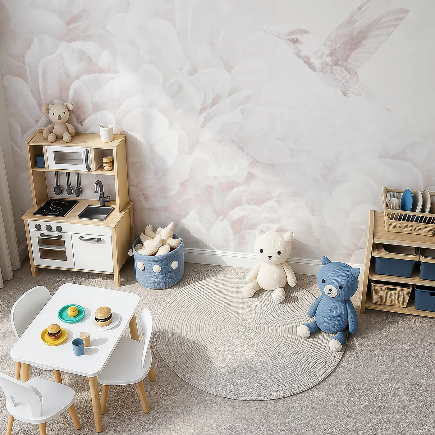 Top-down view of Whimsy Tots' Hummingbird Peony Dream Wall Mural (Turn Their Room into a Soft and Gentle Flower Garden).Best for Girls