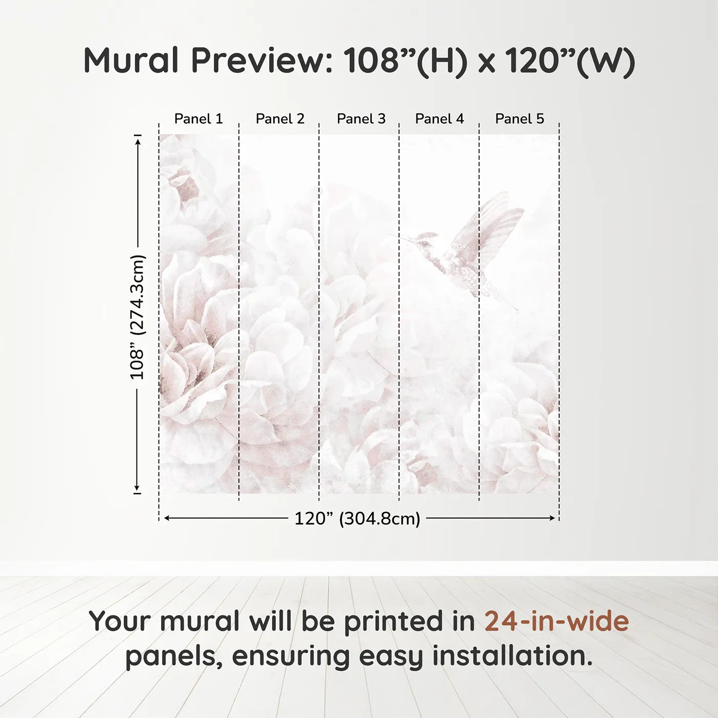 Whimsy Tots Hummingbird Peony Dream Wall Muraldimension view (108" H x 120" W). Printed in five 24-inch-wide panels. Best for Girls