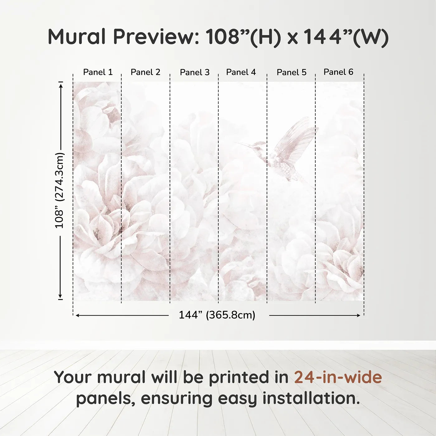 Whimsy Tots Hummingbird Peony Dream Wall Muraldimension view (108" H x 144" W). Printed in six 24-inch-wide panels. Best for Girls