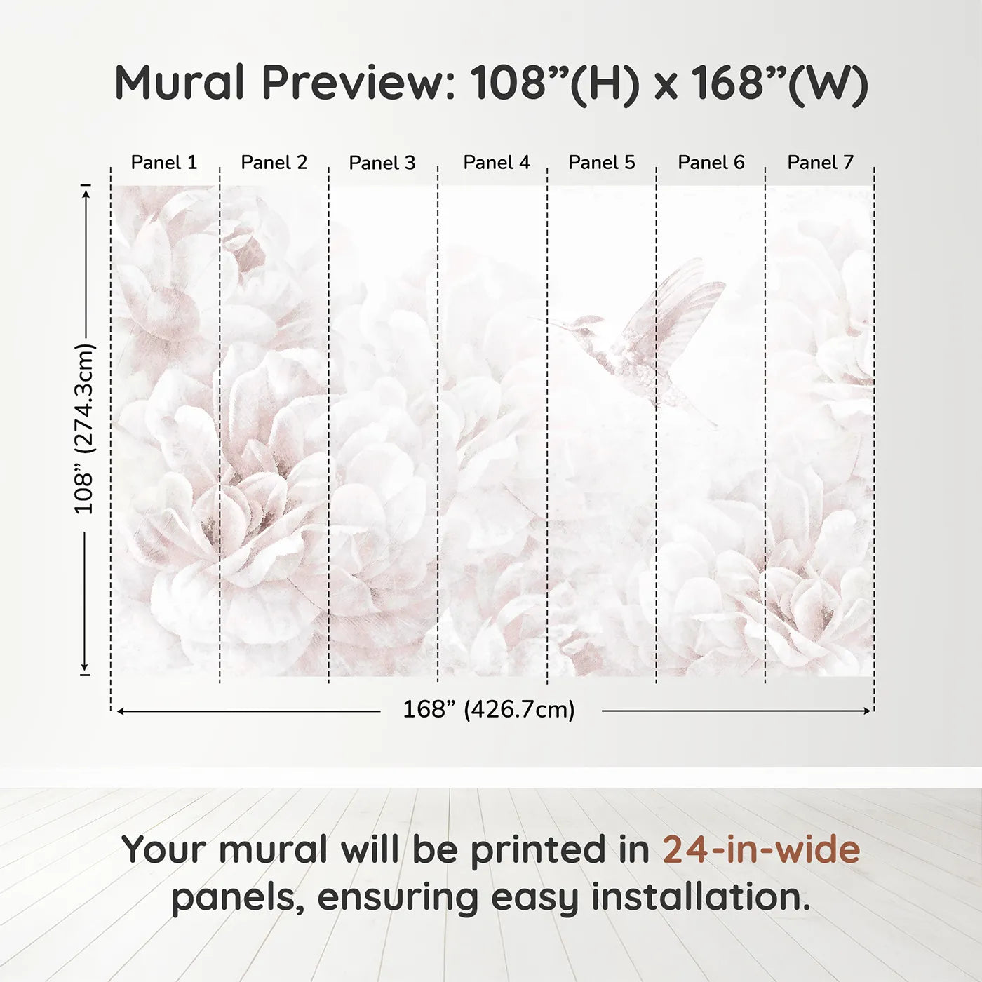 Whimsy Tots Hummingbird Peony Dream Wall Muraldimension view (108" H x 168" W). Printed in seven 24-inch-wide panels. Best for Girls