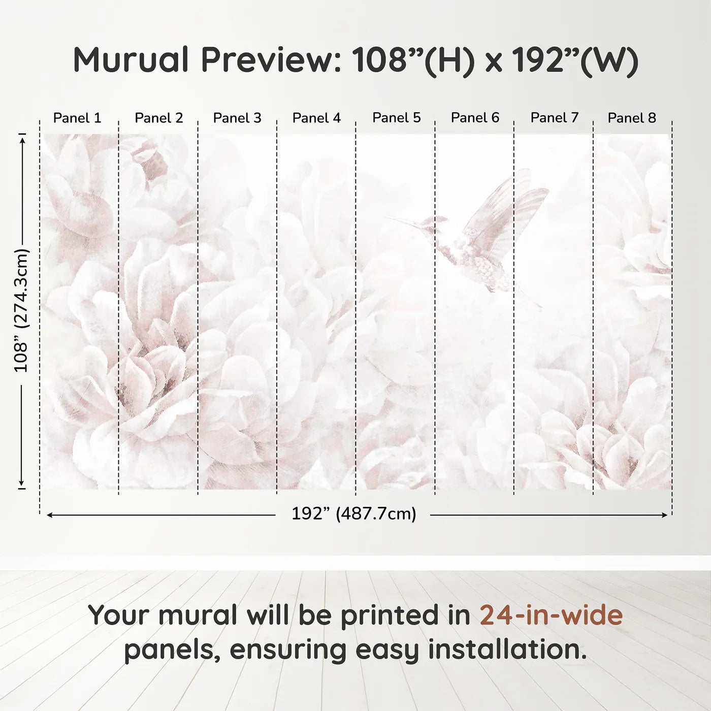 Whimsy Tots Hummingbird Peony Dream Wall Muraldimension view (108" H x 192" W). Printed in eight 24-inch-wide panels. Best for Girls