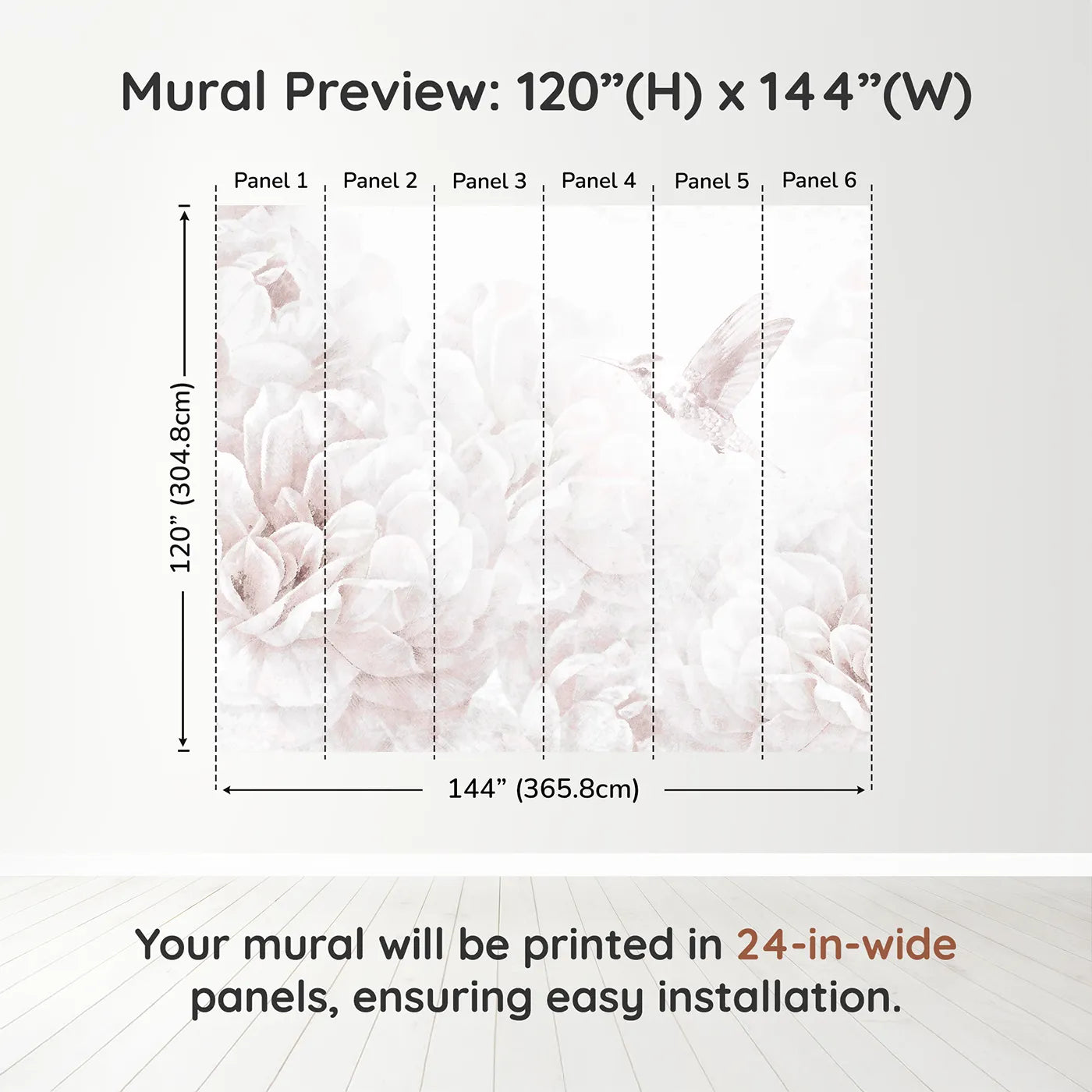 Whimsy Tots Hummingbird Peony Dream Wall Muraldimension view (120" H x 144" W). Printed in six 24-inch-wide panels. Best for Girls