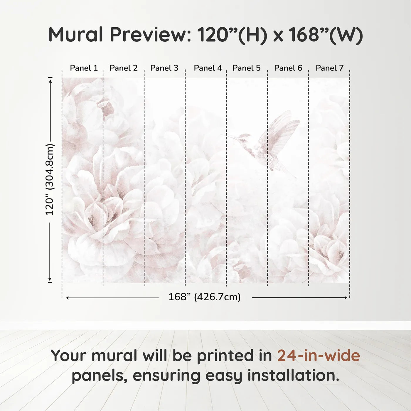 Whimsy Tots Hummingbird Peony Dream Wall Muraldimension view (120" H x 168" W). Printed in seven 24-inch-wide panels. Best for Girls