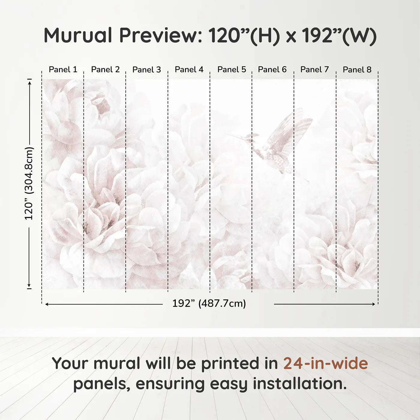 Whimsy Tots Hummingbird Peony Dream Wall Muraldimension view (120" H x 192" W). Printed in eight 24-inch-wide panels. Best for Girls