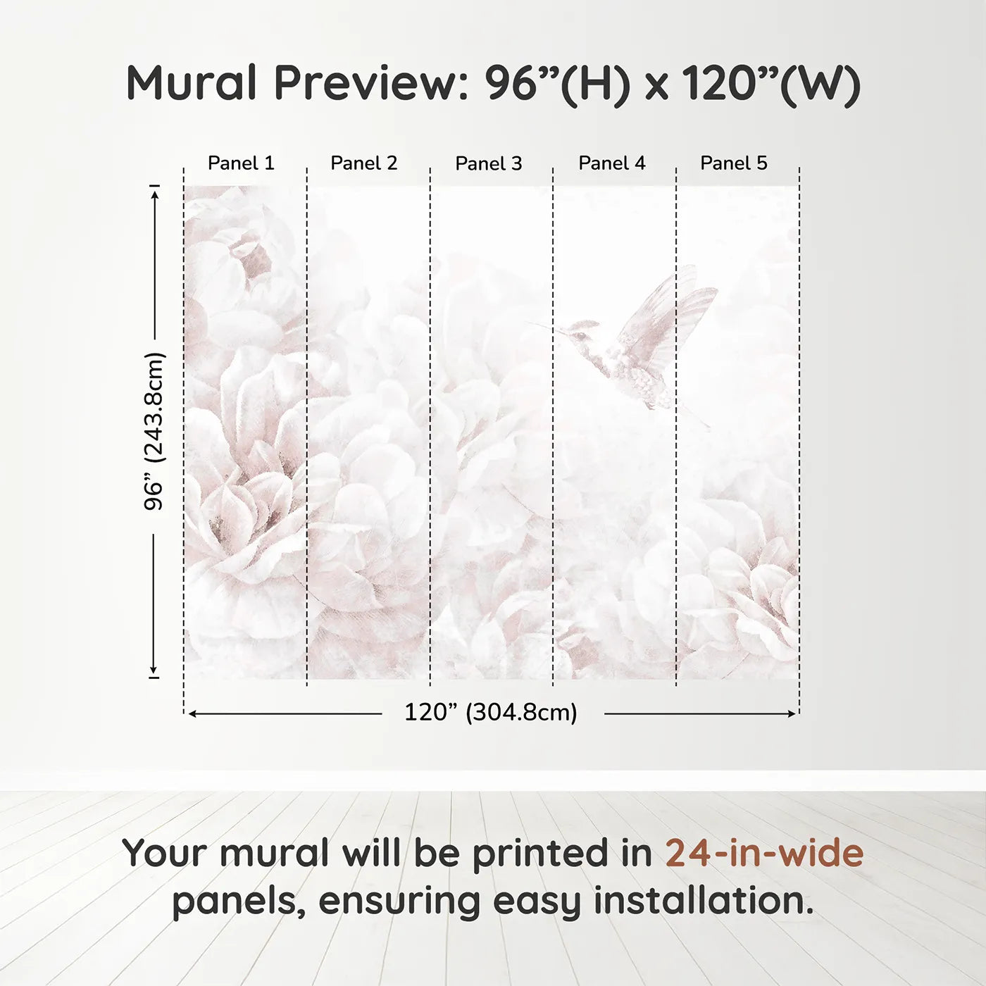 Whimsy Tots Hummingbird Peony Dream Wall Muraldimension view (96" H x 120" W). Printed in five 24-inch-wide panels. Best for Girls