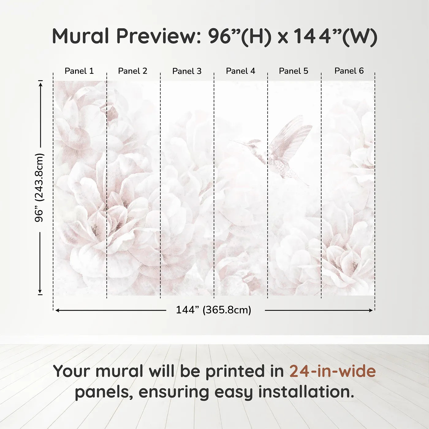 Whimsy Tots Hummingbird Peony Dream Wall Muraldimension view (96" H x 144" W). Printed in six 24-inch-wide panels. Best for Girls